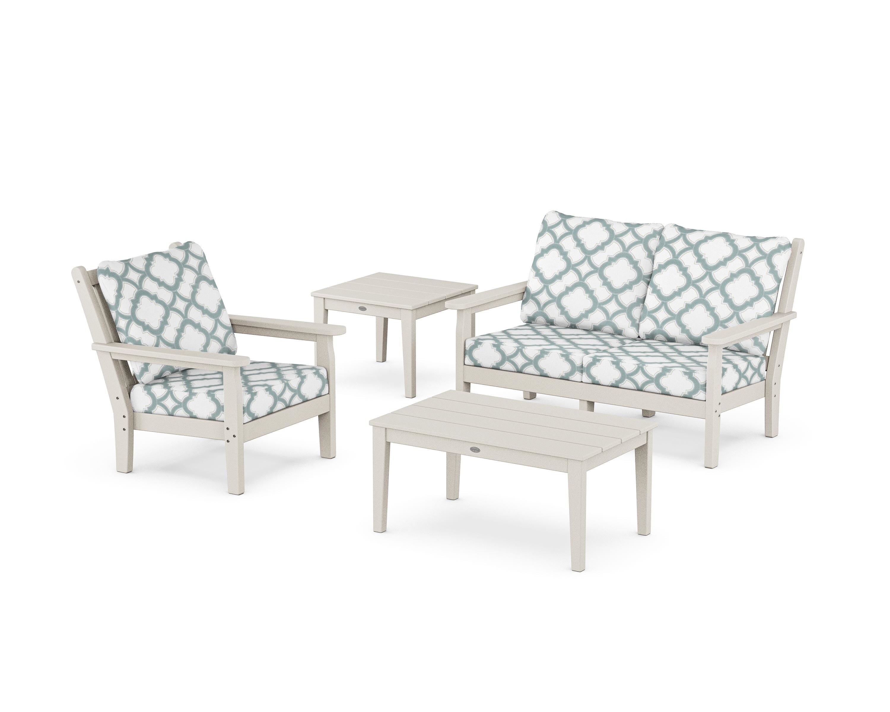 POLYWOOD® Chippendale 4-Piece Deep Seating Set in Sand / Trellis Glacier Spa