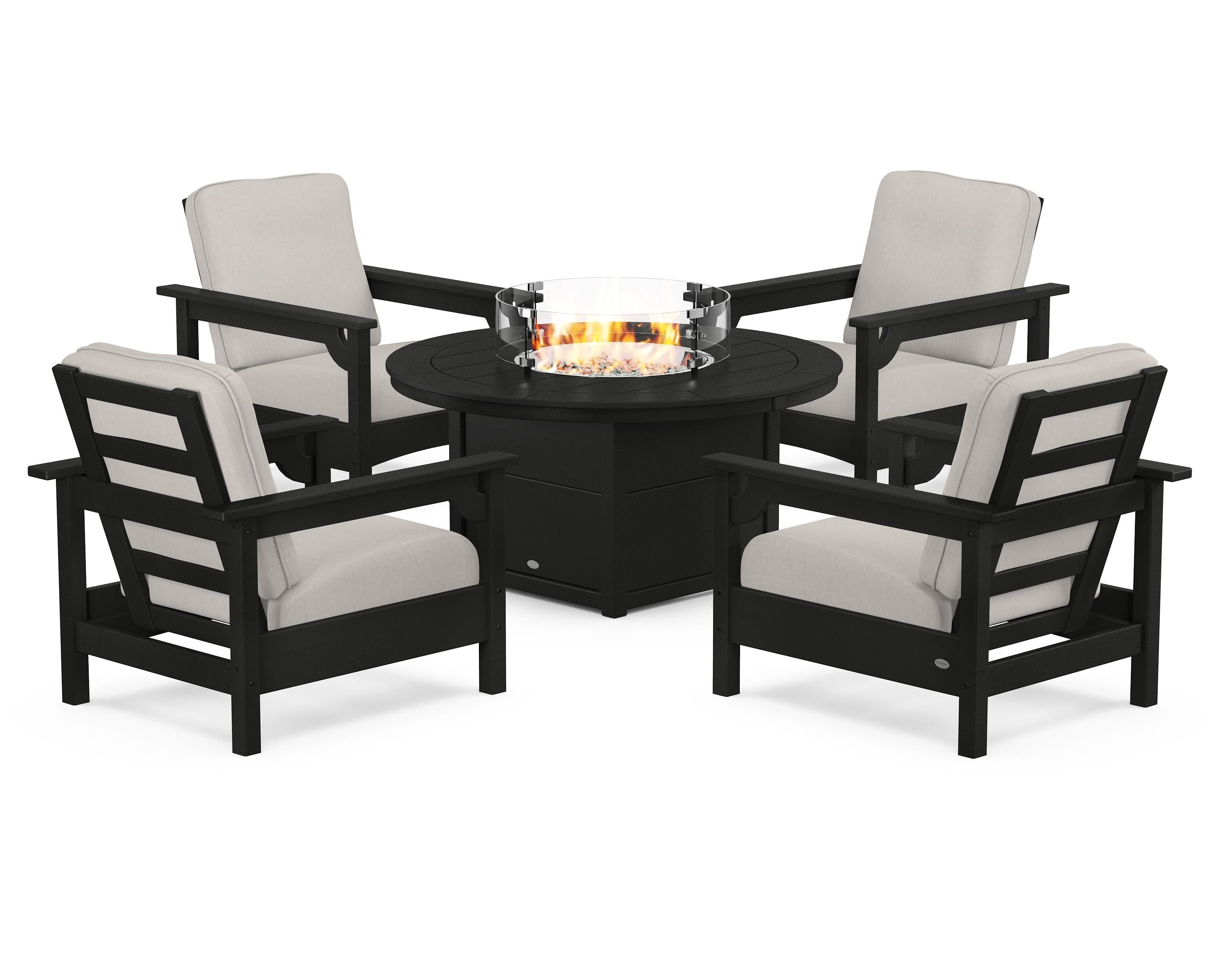POLYWOOD® Club 5-Piece Conversation Set with Fire Pit Table in Black / Cast Ash
