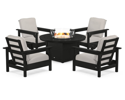 POLYWOOD® Club 5-Piece Conversation Set with Fire Pit Table in Black / Cast Ash