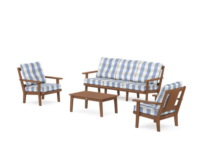 POLYWOOD® Prairie 4-Piece Deep Seating Set with Sofa in Teak / Buffalo Plaid Sky Blue
