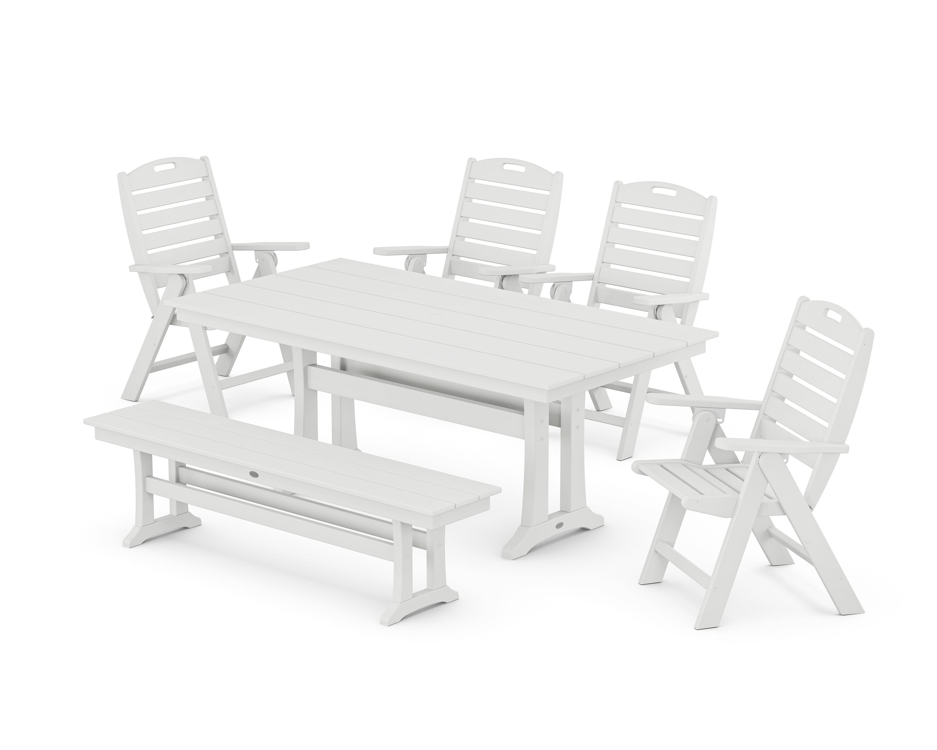 POLYWOOD® Nautical Highback 6-Piece Farmhouse Dining Set with Trestle Legs and Bench in White