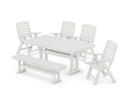 POLYWOOD® Nautical Highback 6-Piece Farmhouse Dining Set with Trestle Legs and Bench in White