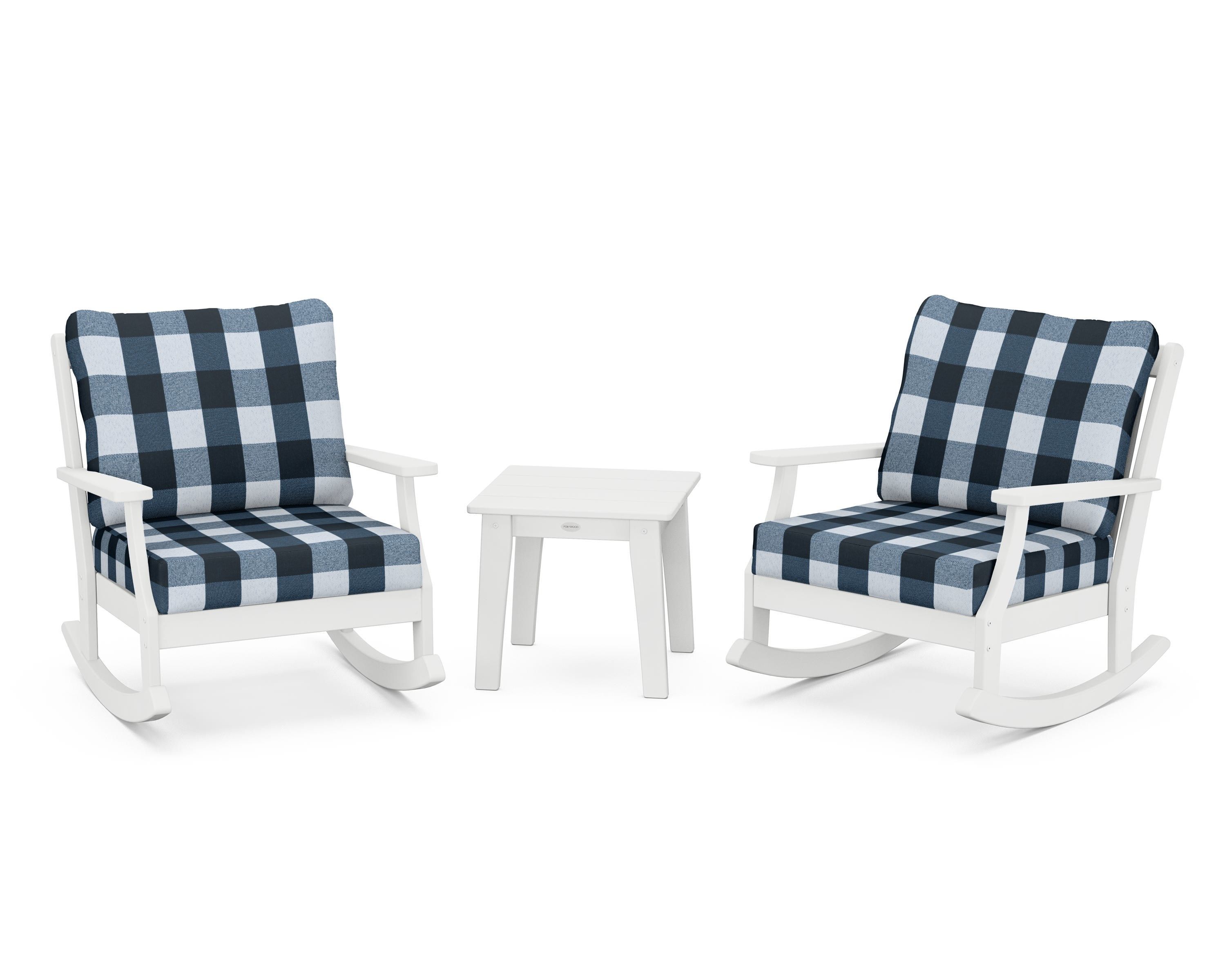 POLYWOOD® Braxton 3-Piece Deep Seating Rocker Set in White / Buffalo Plaid Marine Indigo