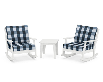 POLYWOOD® Braxton 3-Piece Deep Seating Rocker Set in White / Buffalo Plaid Marine Indigo