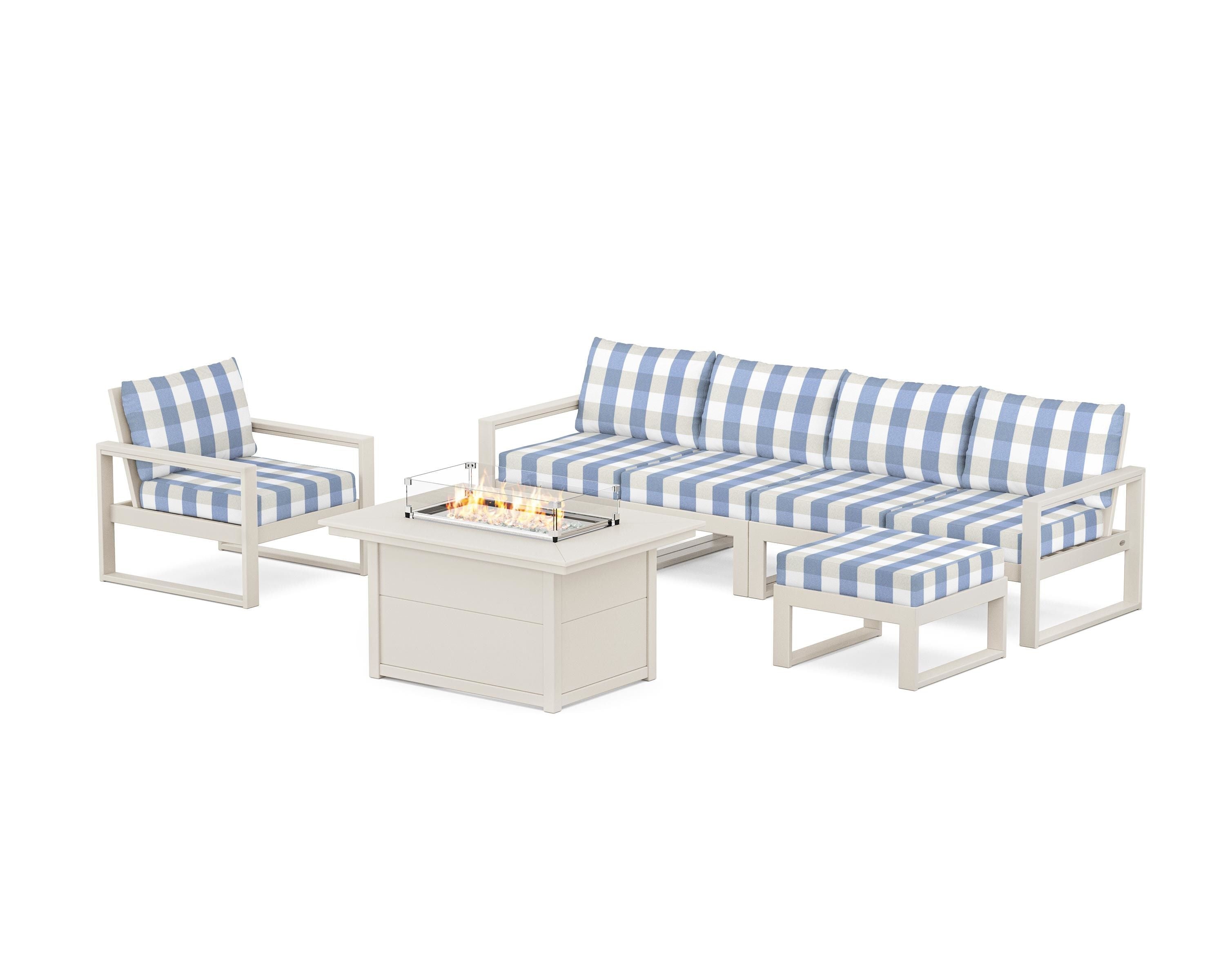 POLYWOOD® EDGE Sectional Lounge and Fire Pit Set in Sand / Buffalo Plaid Sky Blue