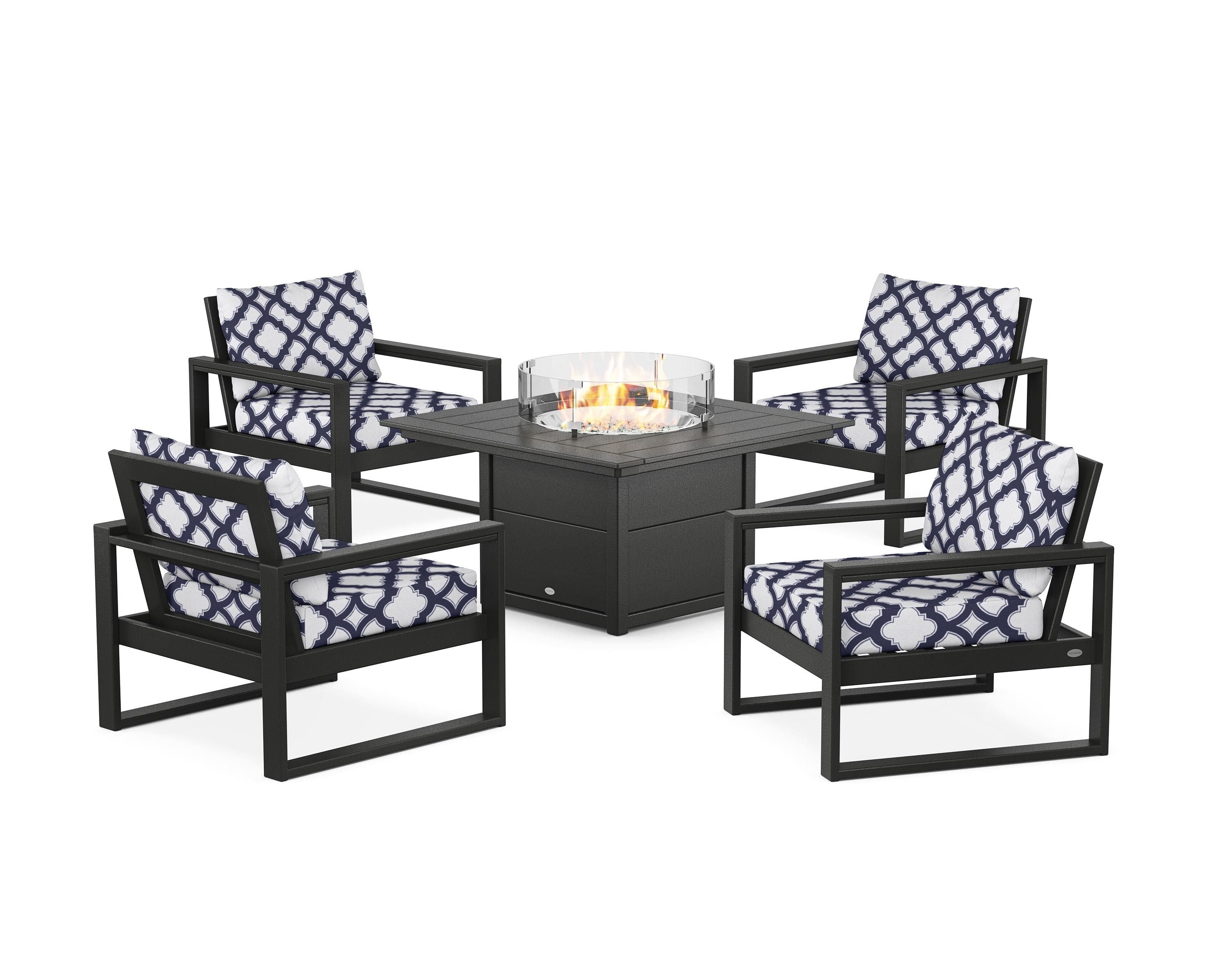 POLYWOOD® EDGE Sectional 5-Piece Deep Seating Set with Fire Pit Table in Black / Trellis Navy