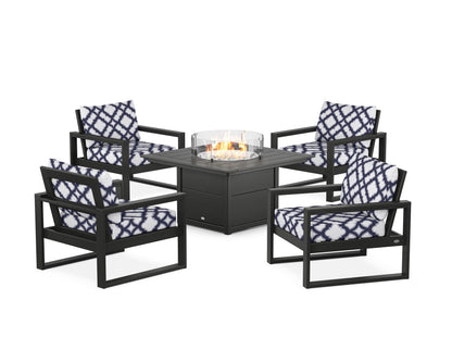 POLYWOOD® EDGE Sectional 5-Piece Deep Seating Set with Fire Pit Table in Black / Trellis Navy