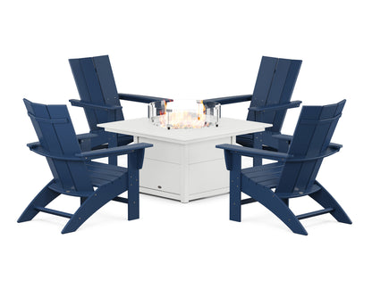 POLYWOOD® Modern Curveback Adirondack 5-Piece Conversation Set with Fire Pit Table in Navy / White