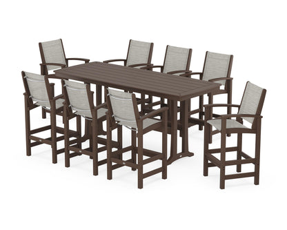 POLYWOOD® Coastal 9-Piece Bar Set with Trestle Legs in Mahogany / Birch Sling
