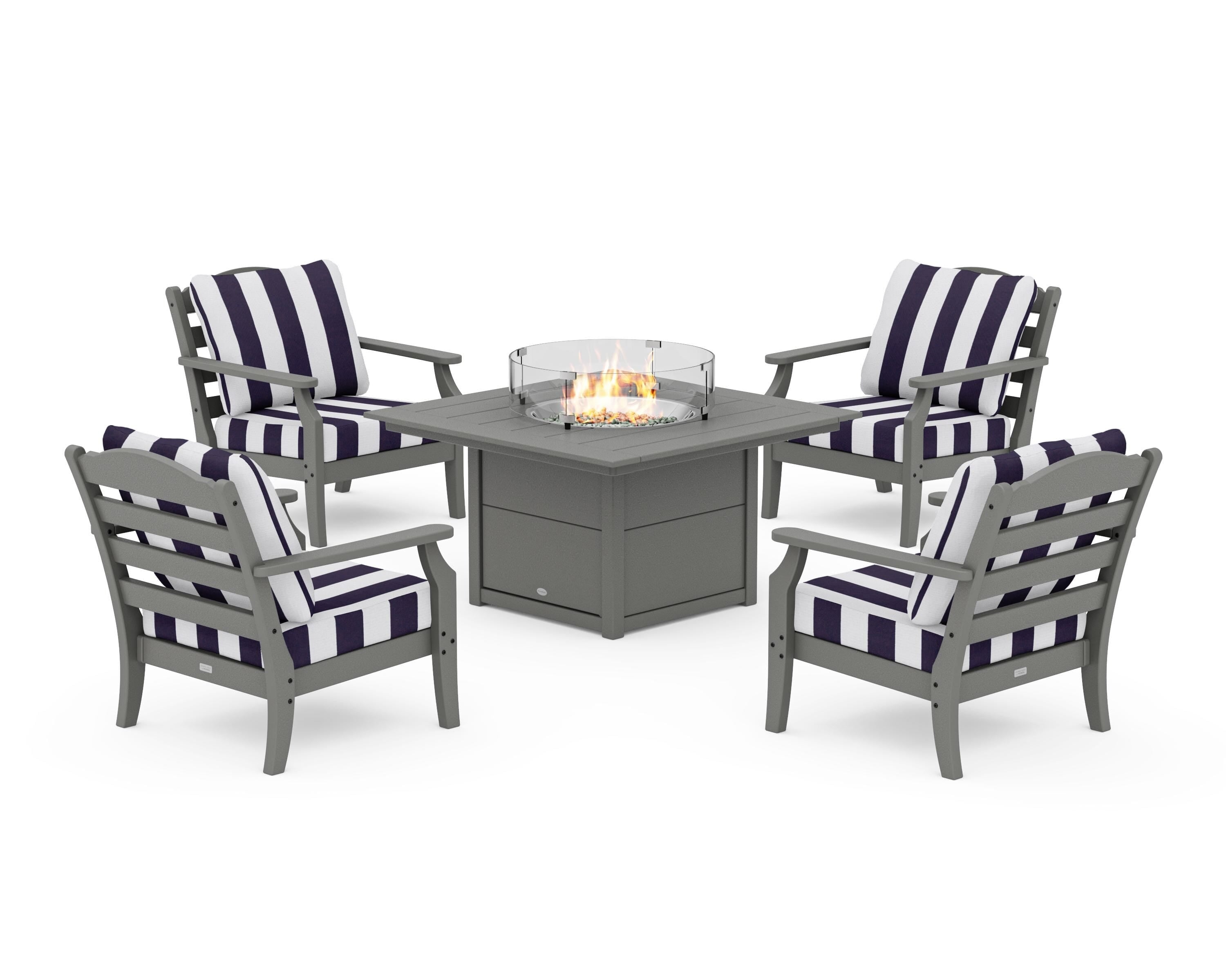 Draper James™ by  POLYWOOD® Savannah 5-Piece Deep Seating Set with Fire Pit Table in Slate Grey / Cabana Stripe Navy