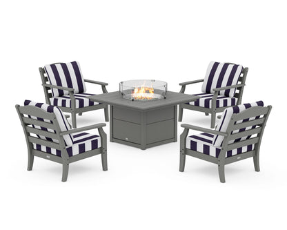 Draper James™ by  POLYWOOD® Savannah 5-Piece Deep Seating Set with Fire Pit Table in Slate Grey / Cabana Stripe Navy