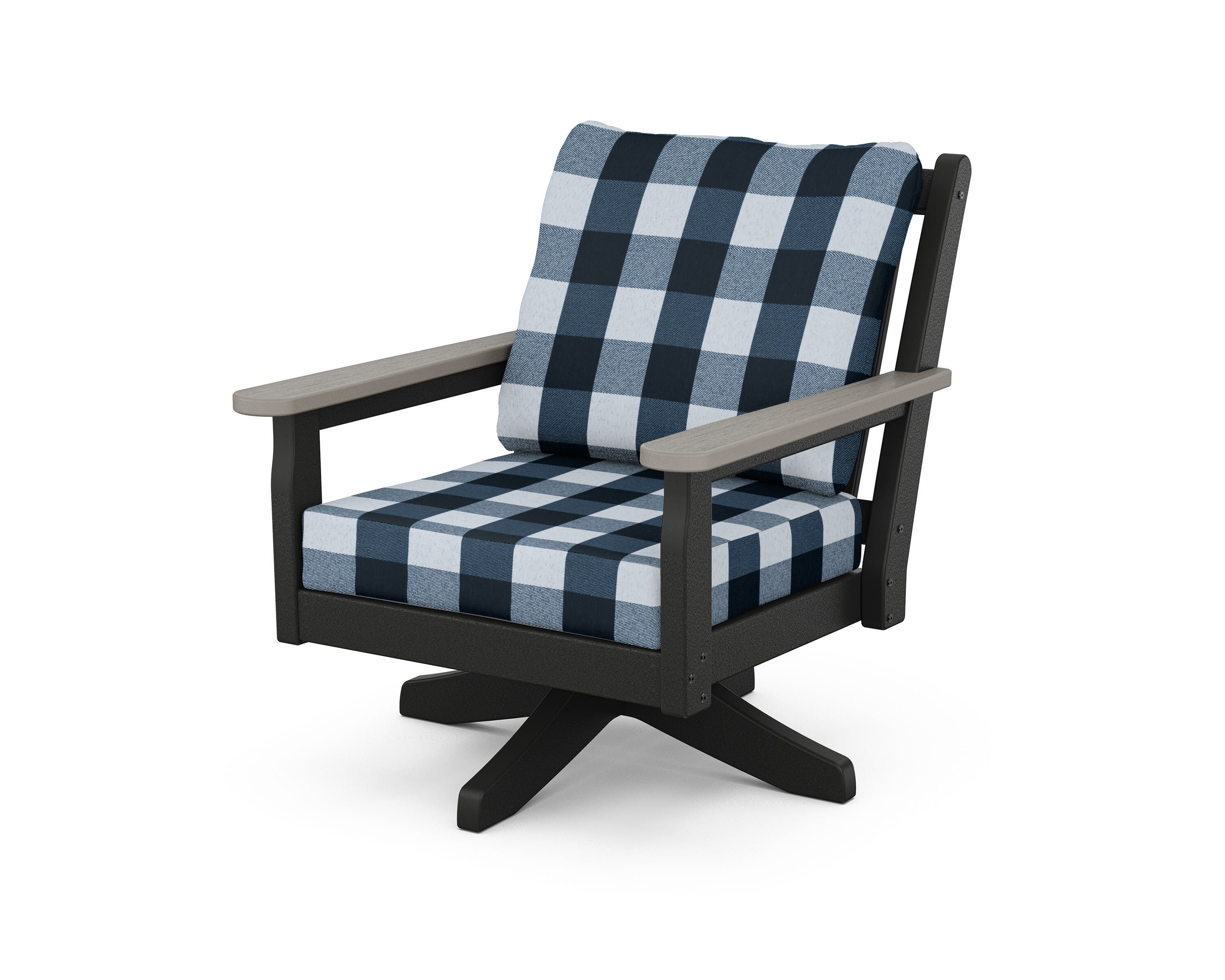POLYWOOD® Chippendale Deep Seating Swivel Chair in Black / Driftwood / Buffalo Plaid Marine Indigo