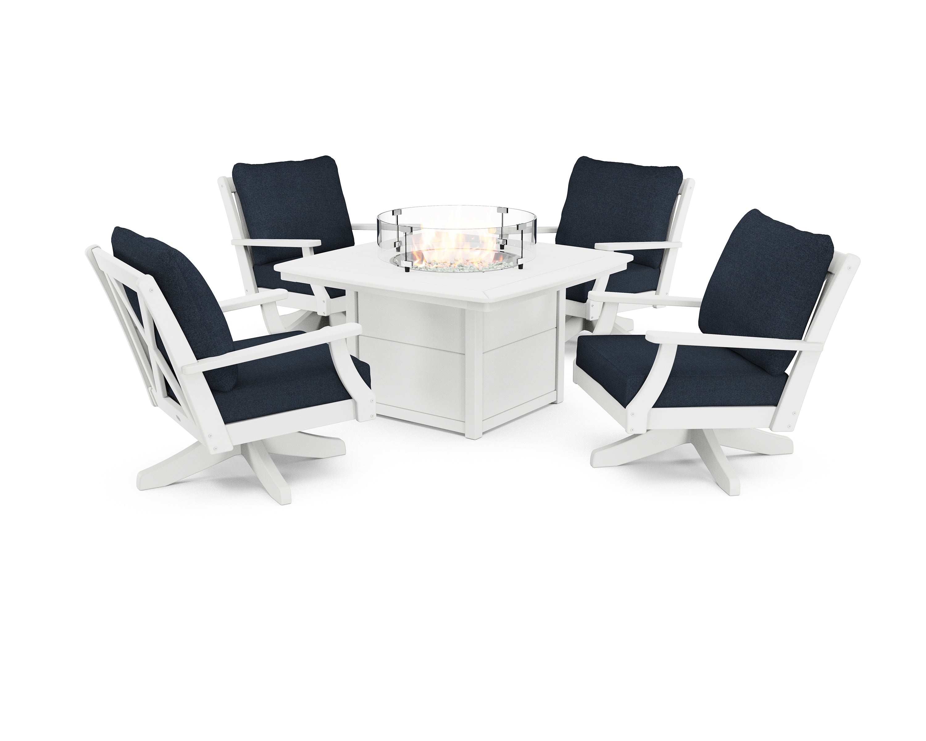 POLYWOOD® Braxton 5-Piece Deep Seating Swivel Conversation Set with Fire Pit Table in White / Marine Indigo