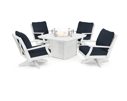 POLYWOOD® Braxton 5-Piece Deep Seating Swivel Conversation Set with Fire Pit Table in White / Marine Indigo