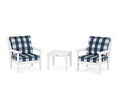 POLYWOOD® Chippendale 3-Piece Deep Seating Set in White / Buffalo Plaid Marine Indigo
