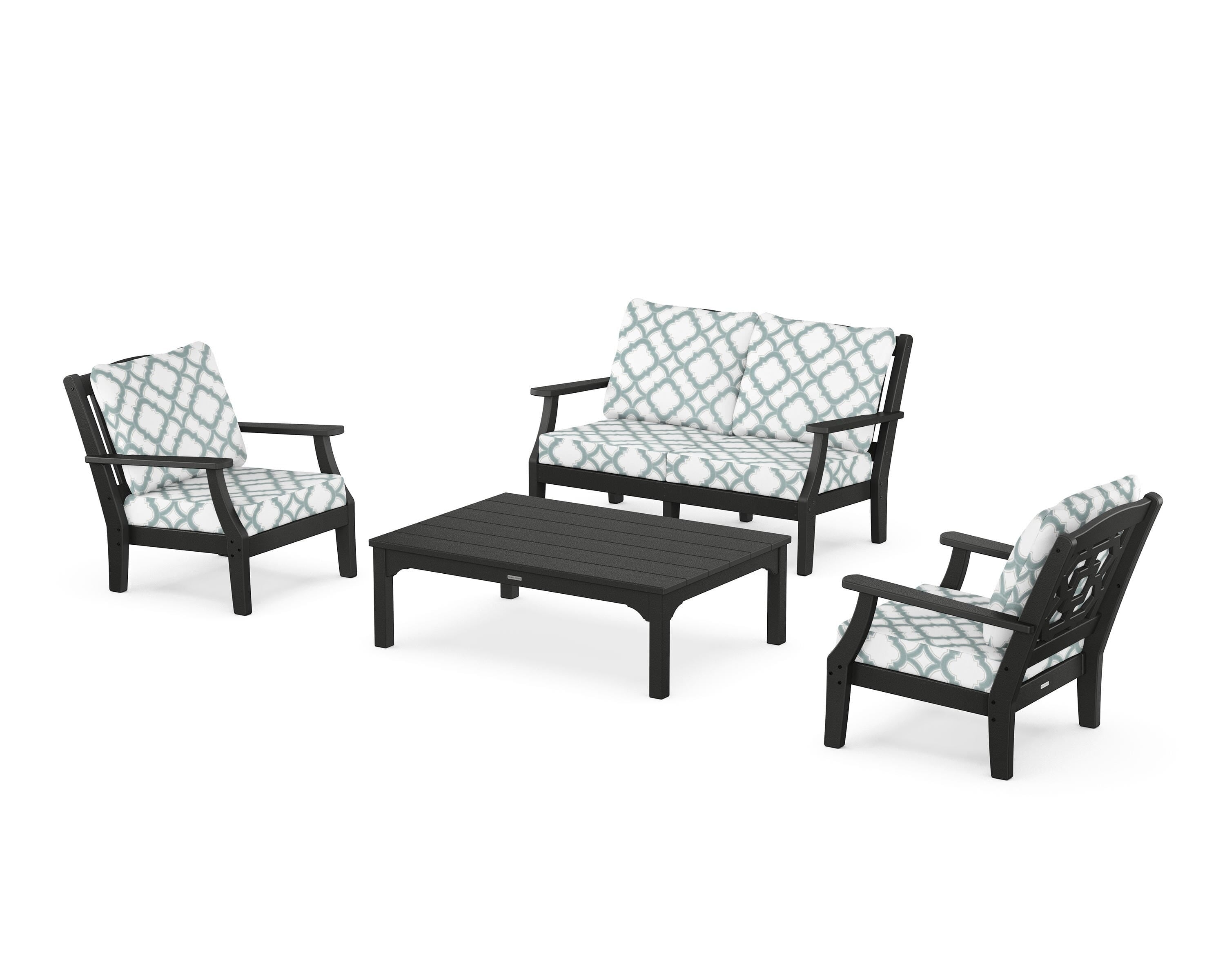 Martha Stewart by POLYWOOD® Chinoiserie 4-Piece Deep Seating Set with Loveseat in Black / Trellis Glacier Spa