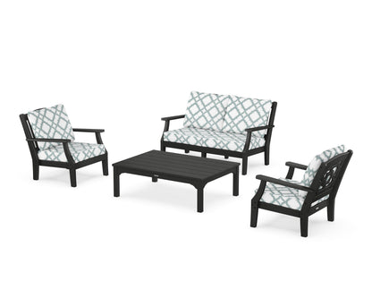 Martha Stewart by POLYWOOD® Chinoiserie 4-Piece Deep Seating Set with Loveseat in Black / Trellis Glacier Spa