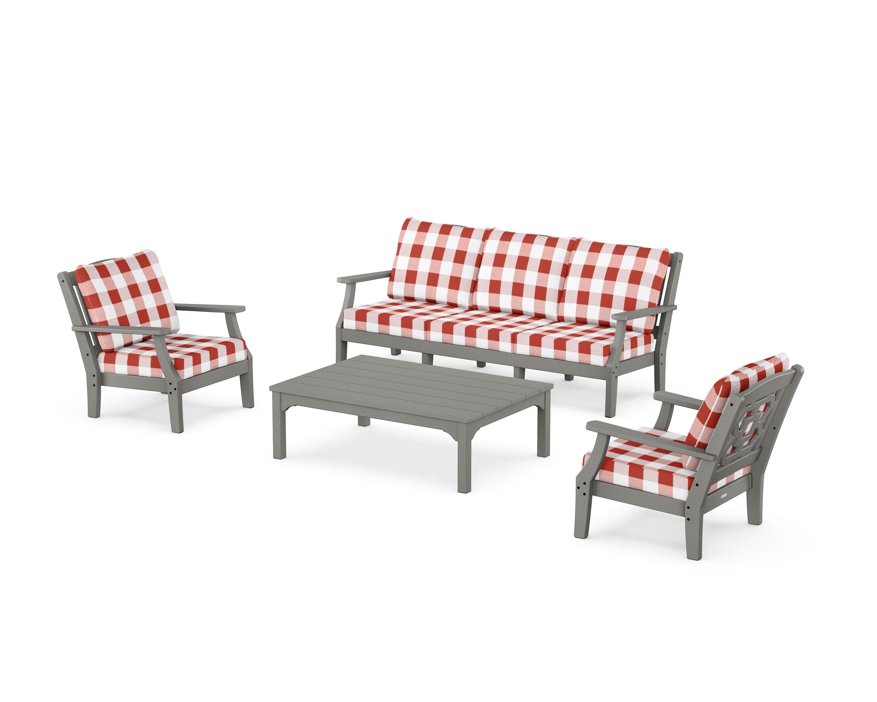 Martha Stewart by POLYWOOD® Chinoiserie 4-Piece Deep Seating Set with Sofa in Slate Grey / Buffalo Plaid Crimson