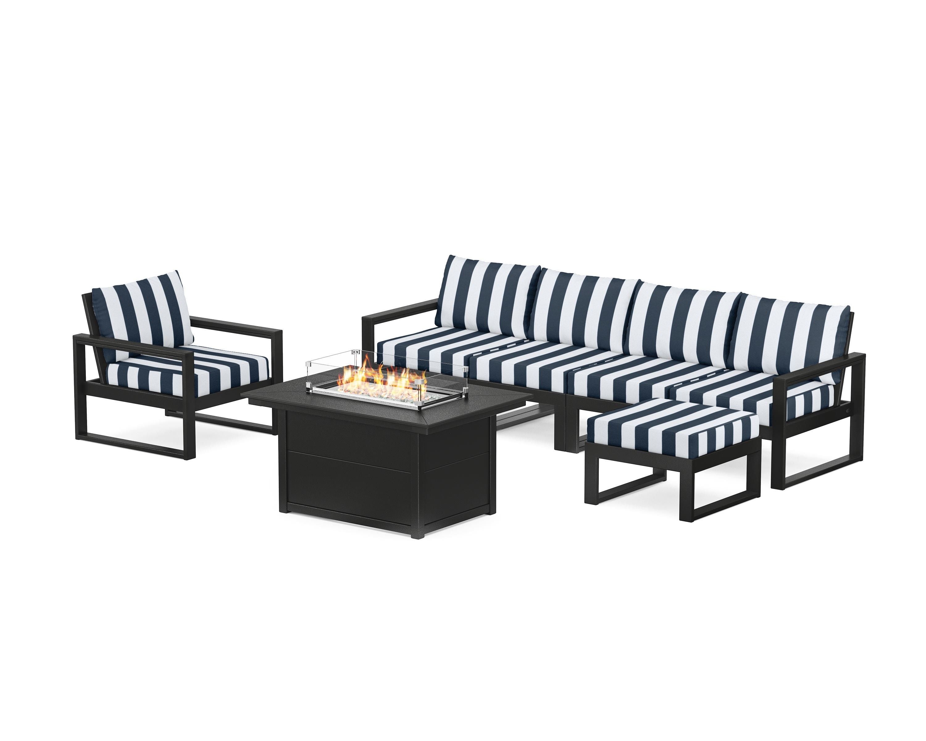 POLYWOOD® EDGE Sectional Lounge and Fire Pit Set in Black / Cabana Stripe Marine Indigo