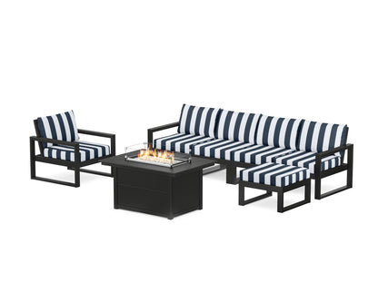 POLYWOOD® EDGE Sectional Lounge and Fire Pit Set in Black / Cabana Stripe Marine Indigo