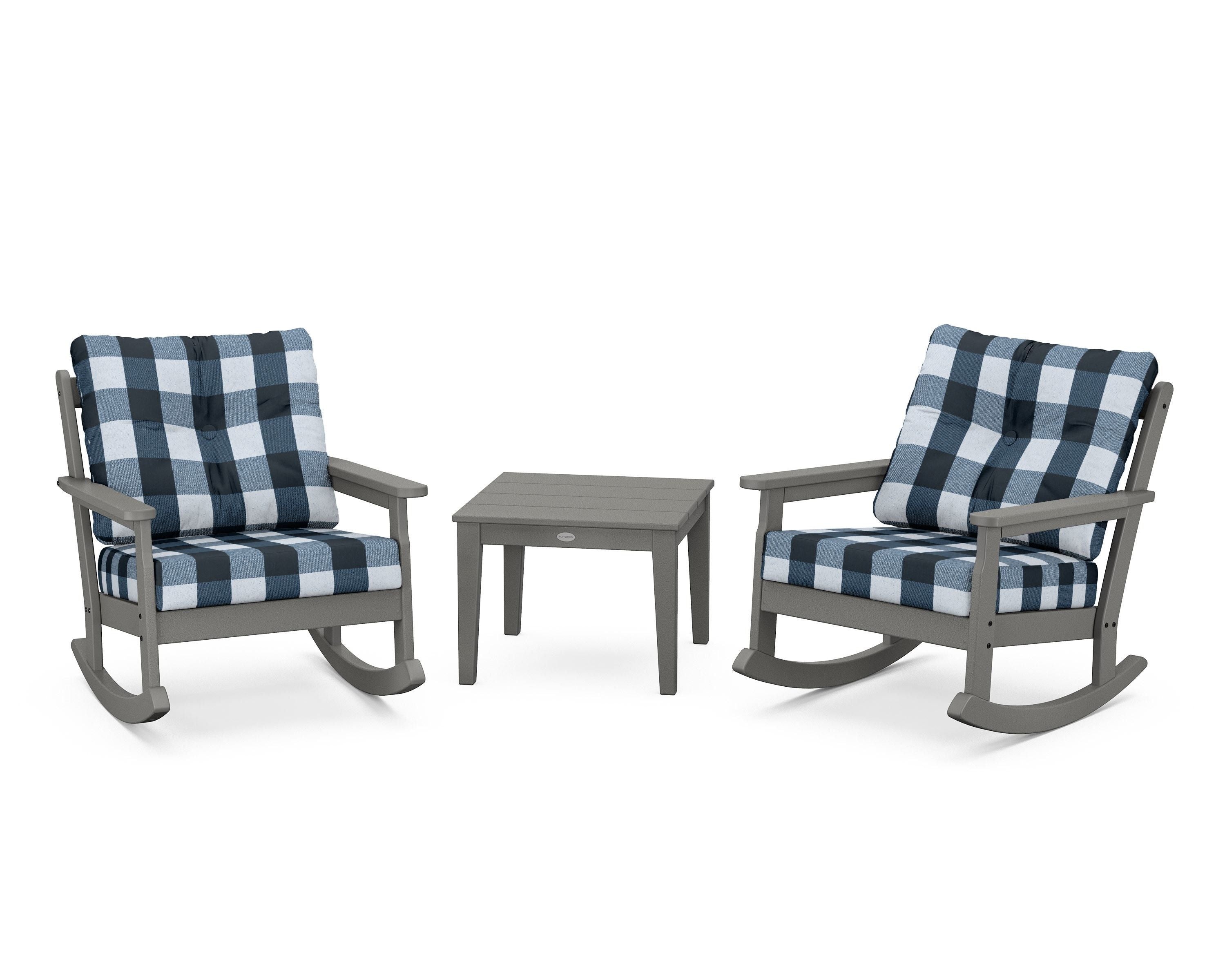 POLYWOOD® Vineyard 3-Piece Deep Seating Rocker Set in Slate Grey / Buffalo Plaid Marine Indigo