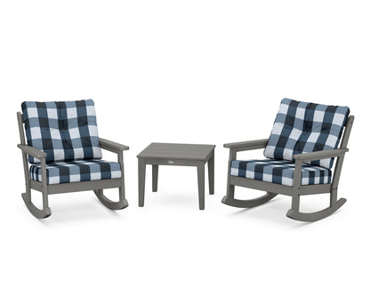 POLYWOOD® Vineyard 3-Piece Deep Seating Rocker Set in Slate Grey / Buffalo Plaid Marine Indigo