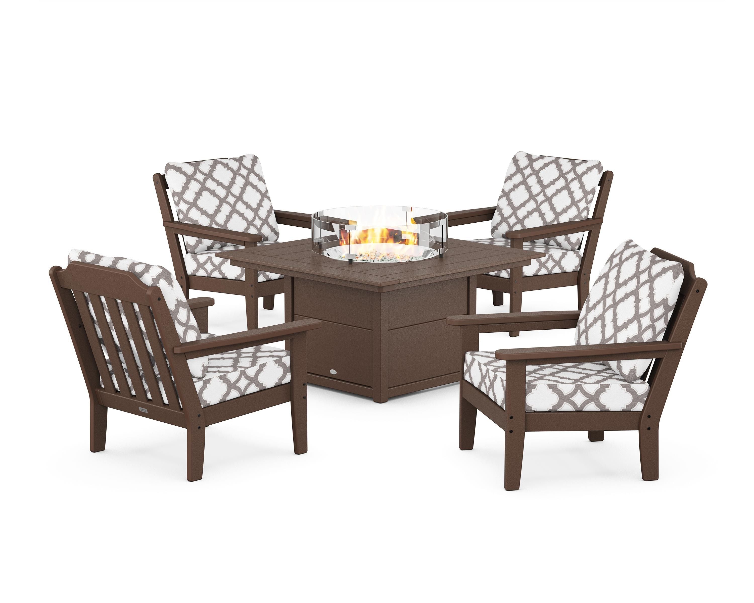 Country Living Cottage 5-Piece Deep Seating Set with Fire Pit Table in Mahogany / Trellis Grey Mist