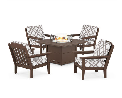 Country Living Cottage 5-Piece Deep Seating Set with Fire Pit Table in Mahogany / Trellis Grey Mist