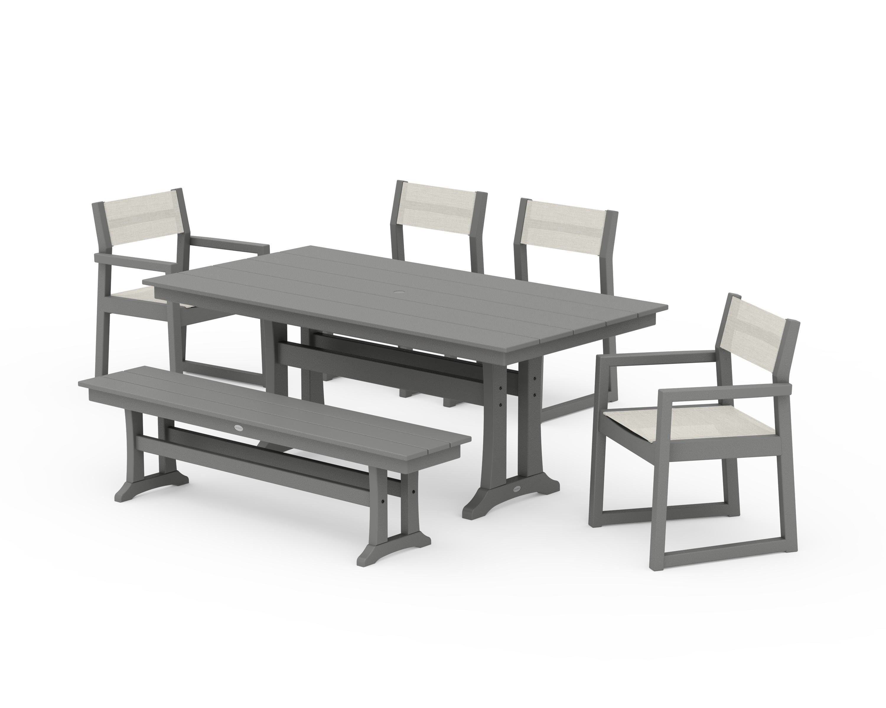 POLYWOOD® EDGE Sling 6-Piece Farmhouse Dining Set With Trestle Legs in Slate Grey / Parchment Sling
