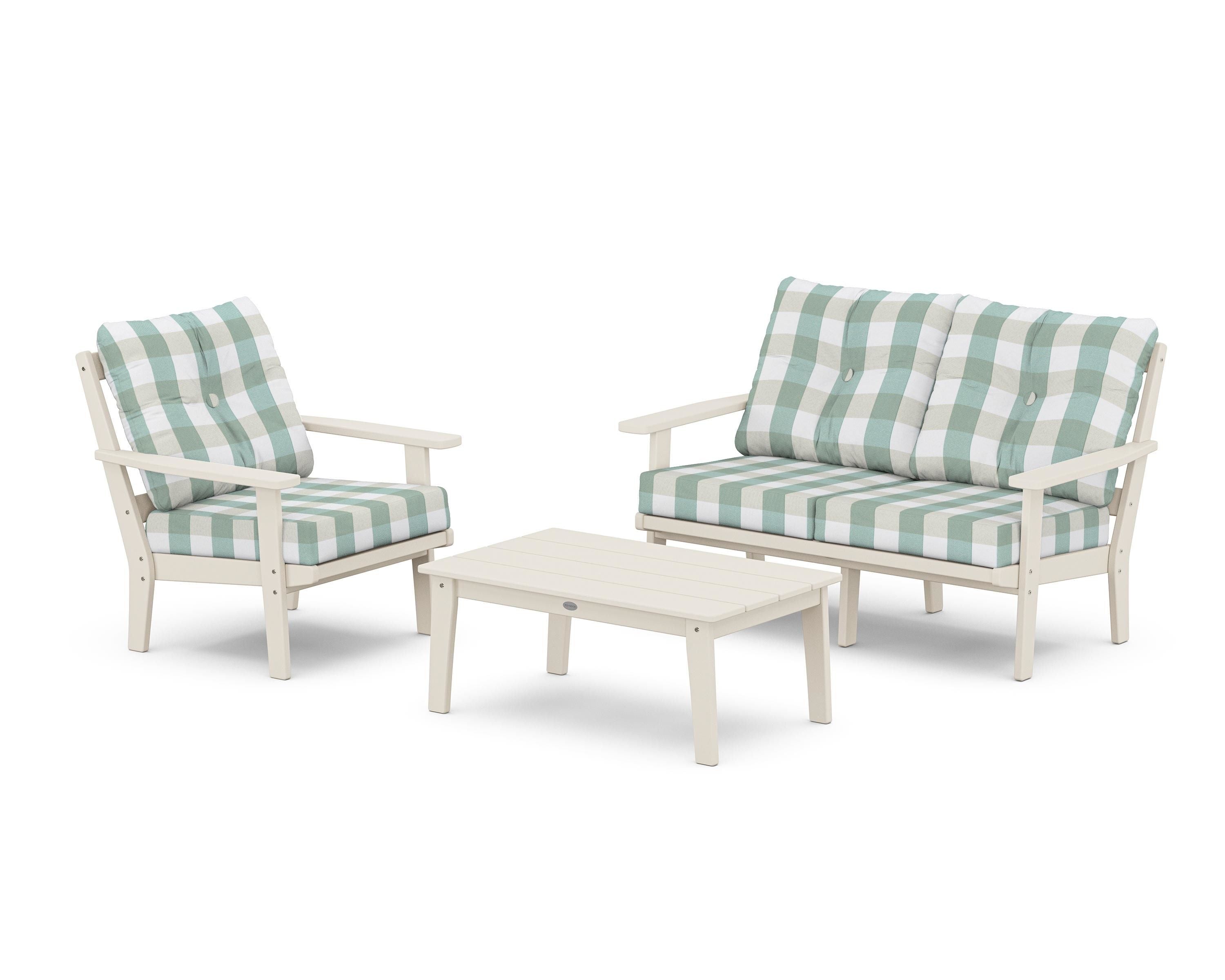 POLYWOOD® Prairie 3-Piece Deep Seating Set with Loveseat in Sand / Buffalo Plaid Glacier Spa