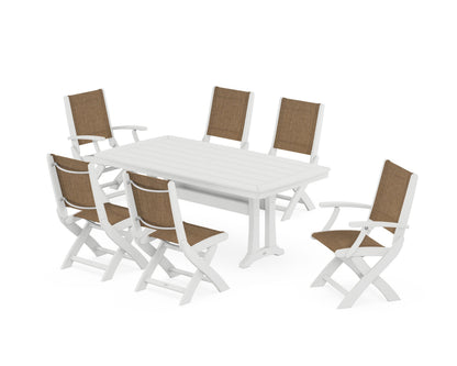 POLYWOOD® Coastal Folding Chair 7-Piece Dining Set with Trestle Legs in White / Burlap Sling