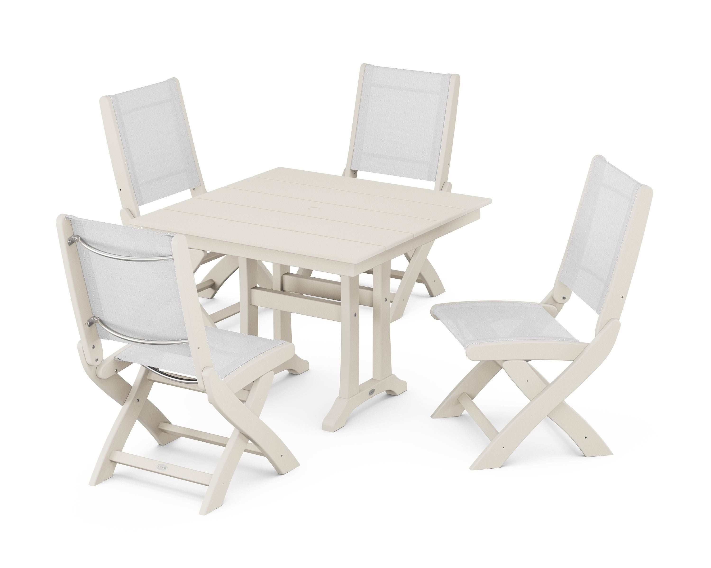 POLYWOOD® Coastal Folding Side Chair 5-Piece Farmhouse Dining Set With Trestle Legs in Sand / White Sling