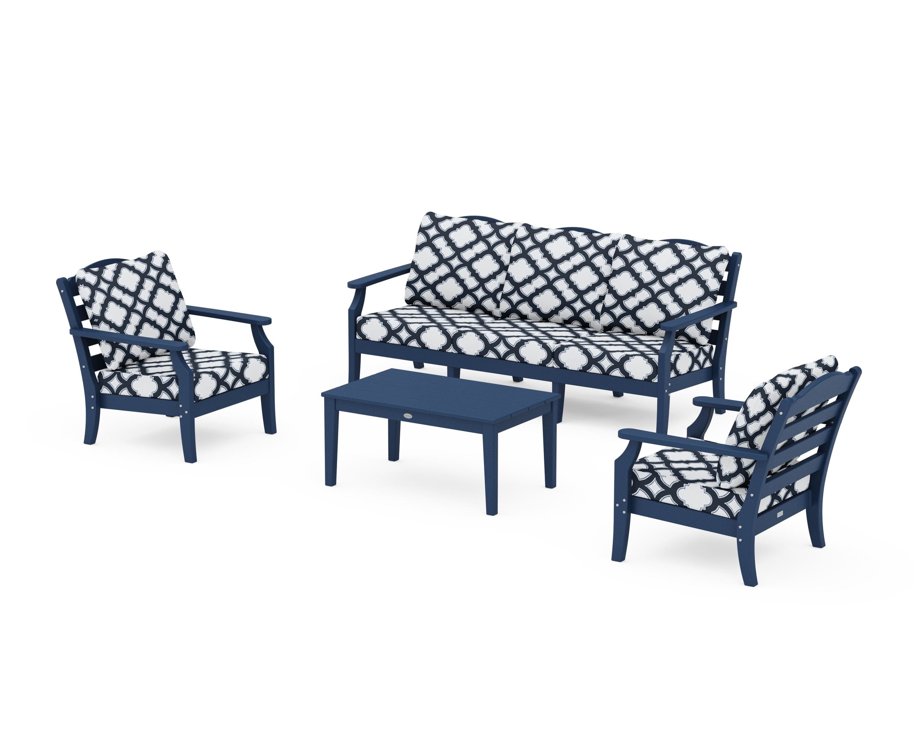 Draper James™ by  POLYWOOD® Savannah 4-Piece Deep Seating Set with Sofa in Navy / Trellis Marine Indigo