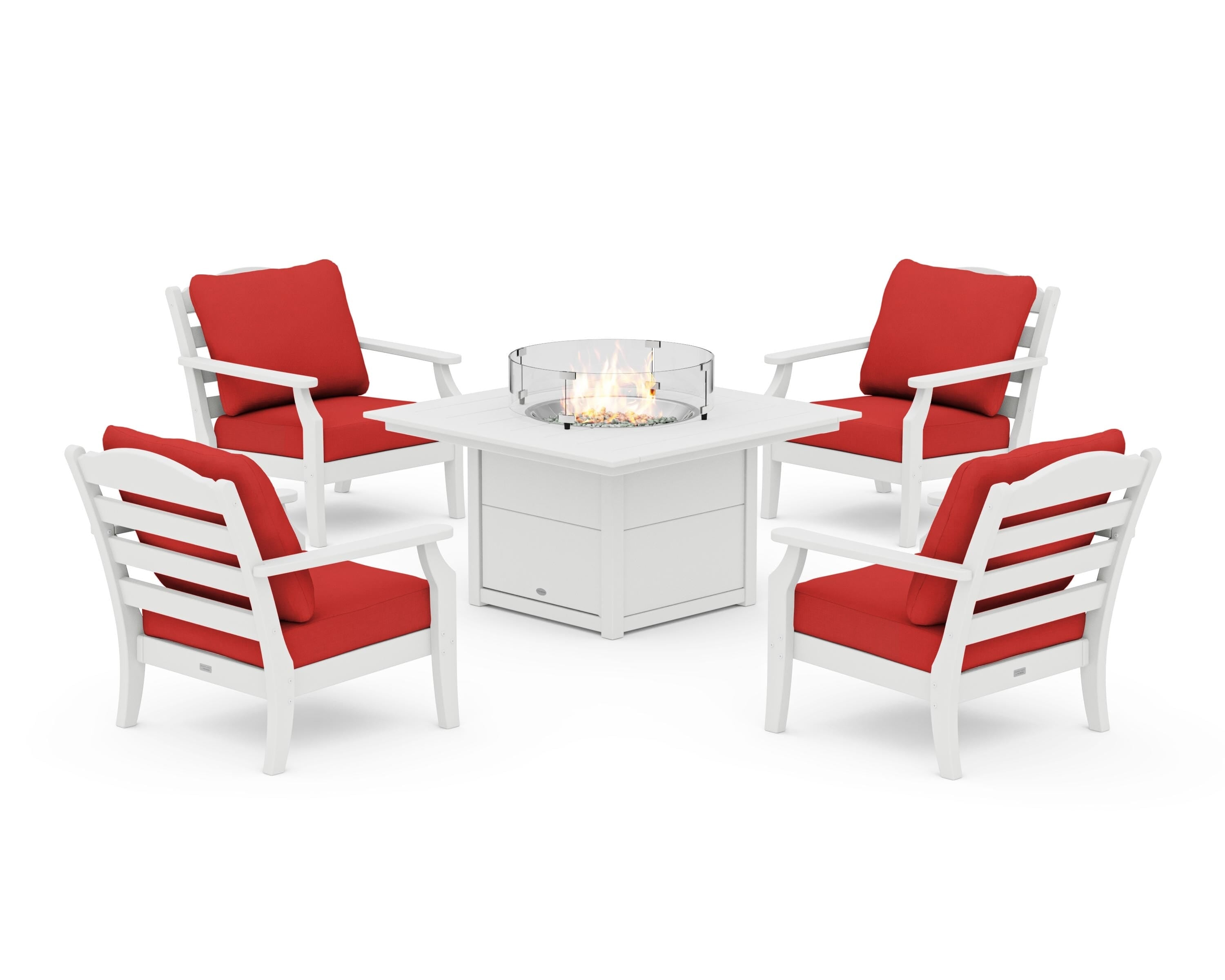 Draper James™ by  POLYWOOD® Savannah 5-Piece Deep Seating Set with Fire Pit Table in White / Crimson Linen