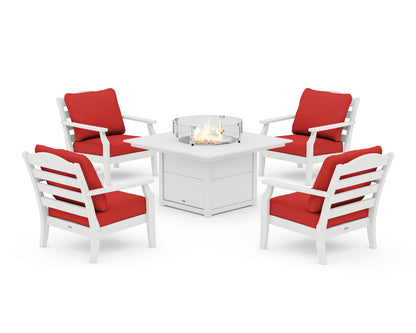 Draper James™ by  POLYWOOD® Savannah 5-Piece Deep Seating Set with Fire Pit Table in White / Crimson Linen