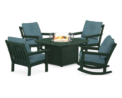 POLYWOOD® Vineyard 5-Piece Deep Seating Rocking Chair Conversation Set with Fire Pit Table in Green / Ocean Teal