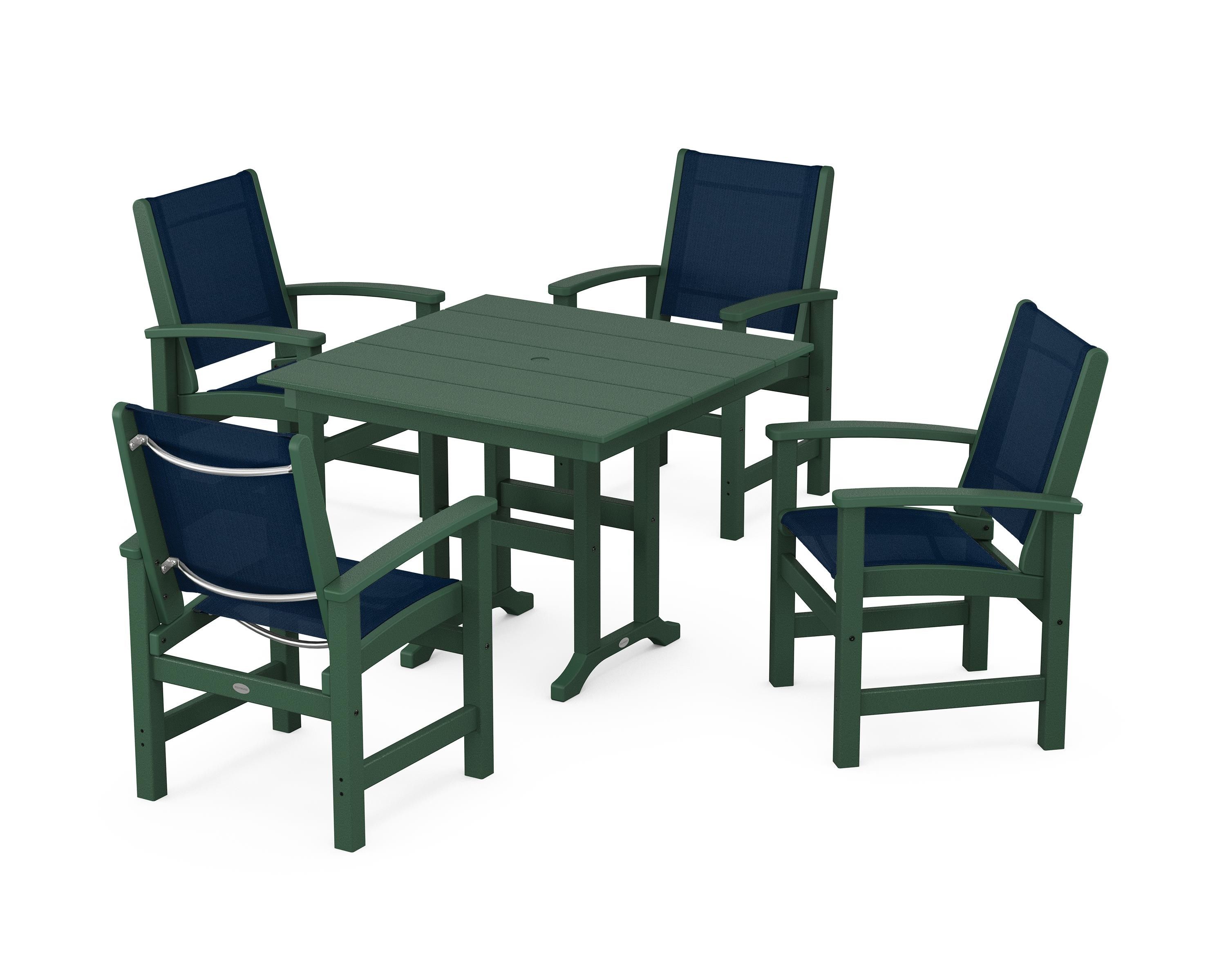 POLYWOOD® Coastal 5-Piece Farmhouse Dining Set in Green / Navy Blue Sling