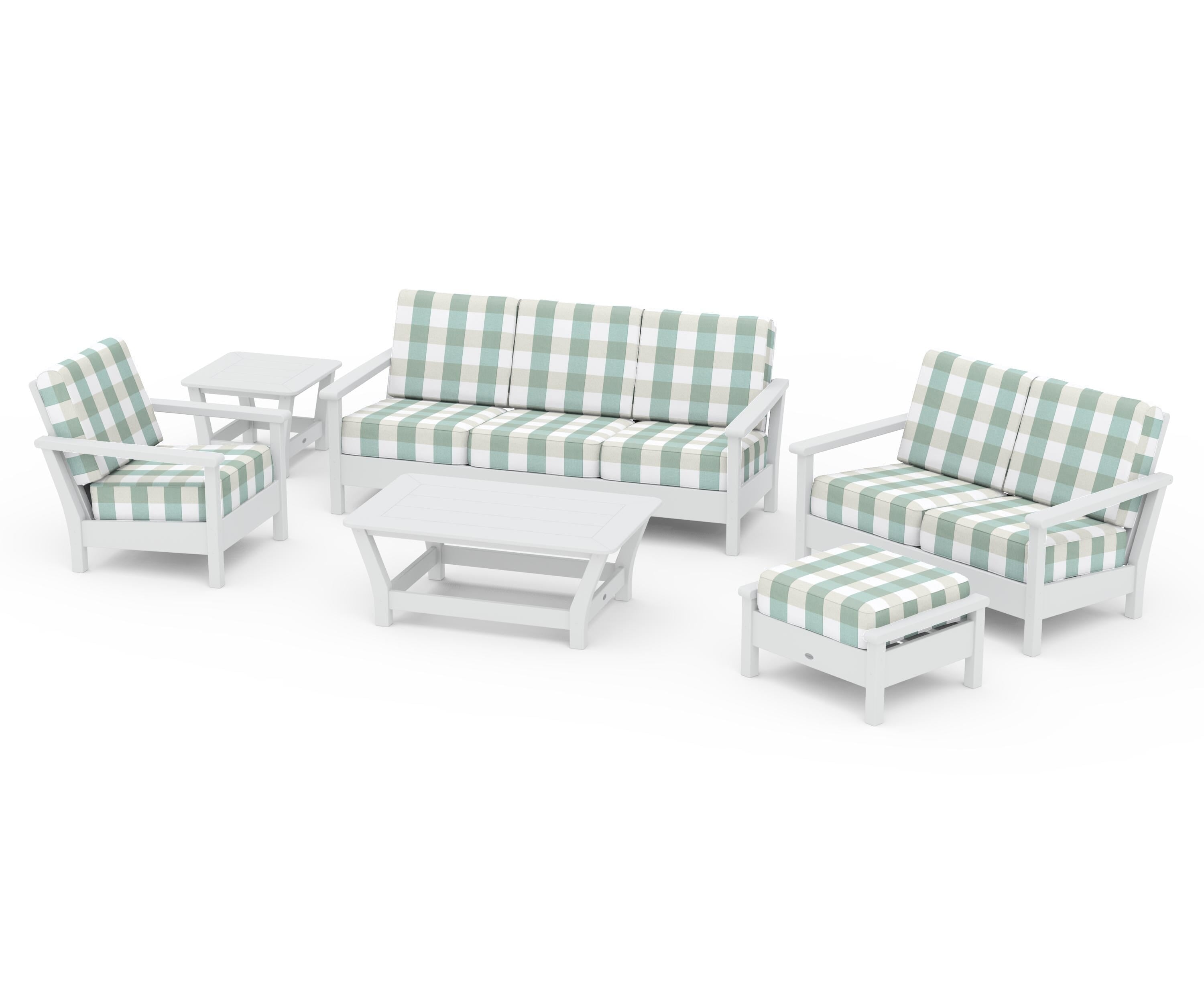 POLYWOOD® Harbour 6-Piece Outdoor Living Set in White / Buffalo Plaid Glacier Spa