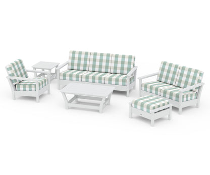 POLYWOOD® Harbour 6-Piece Outdoor Living Set in White / Buffalo Plaid Glacier Spa