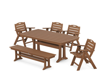 POLYWOOD® Nautical Lowback 6-Piece Dining Set with Trestle Legs and Bench in Teak