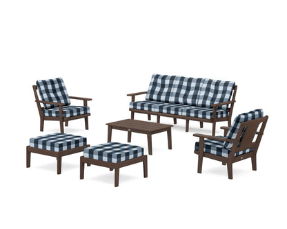 POLYWOOD® Prairie 6-Piece Lounge Sofa Set in Mahogany / Buffalo Plaid Marine Indigo