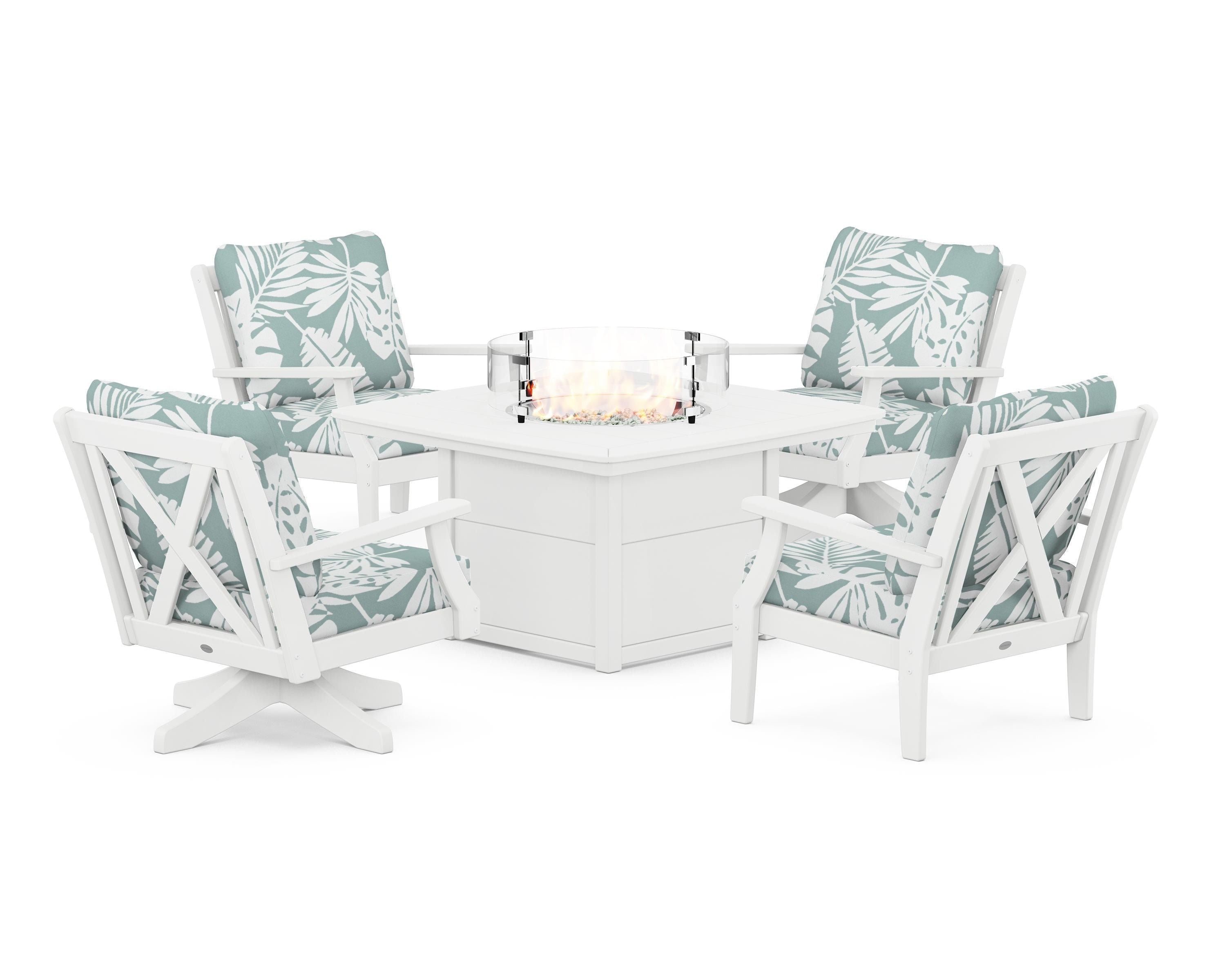 POLYWOOD® Braxton 5-Piece Deep Seating Set with Fire Table in White / Leaf Glacier Spa