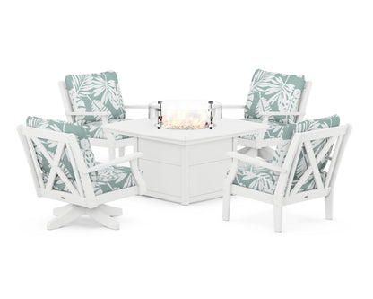 POLYWOOD® Braxton 5-Piece Deep Seating Set with Fire Table in White / Leaf Glacier Spa