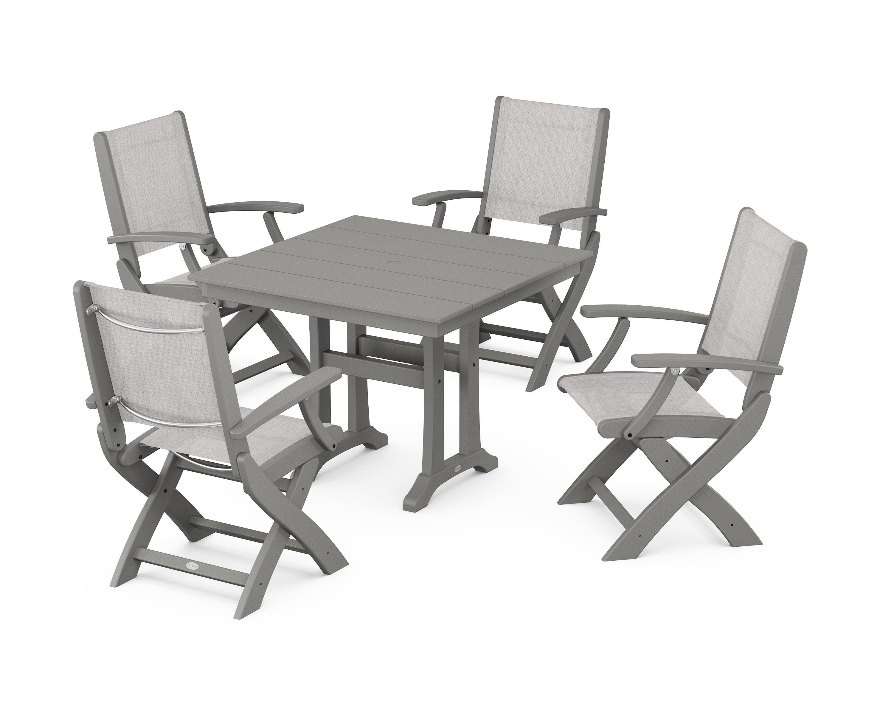 POLYWOOD® Coastal Folding Chair 5-Piece Farmhouse Dining Set With Trestle Legs in Slate Grey / Parchment Sling
