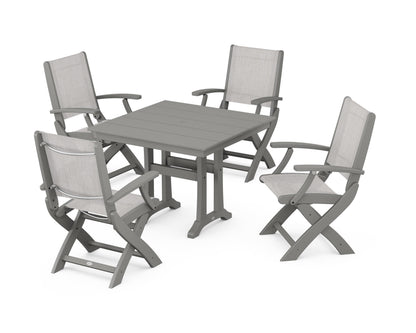 POLYWOOD® Coastal Folding Chair 5-Piece Farmhouse Dining Set With Trestle Legs in Slate Grey / Parchment Sling