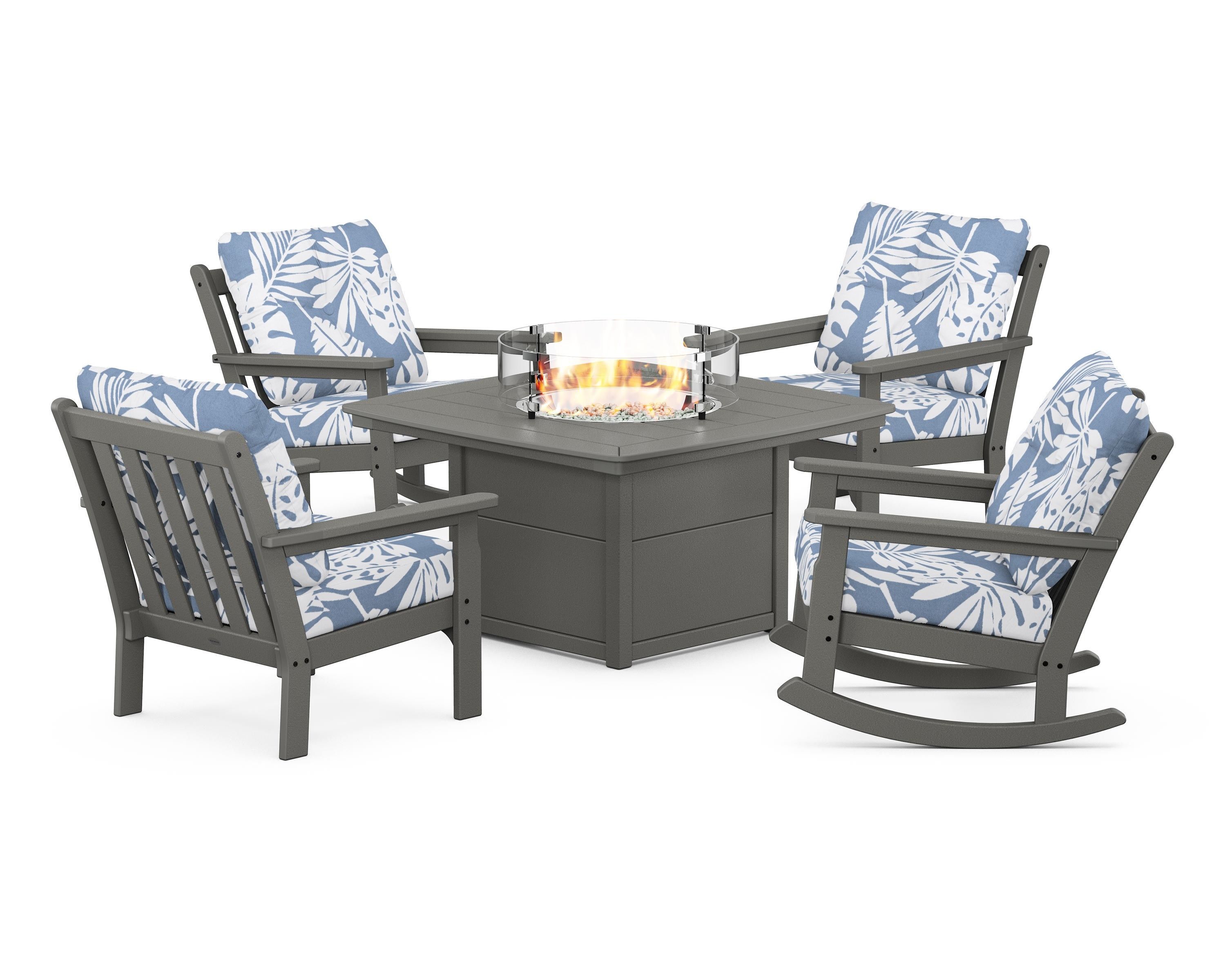 POLYWOOD® Vineyard 5-Piece Deep Seating Rocking Chair Conversation Set with Fire Pit Table in Slate Grey / Leaf Sky Blue