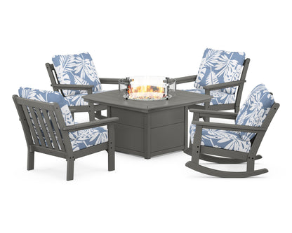 POLYWOOD® Vineyard 5-Piece Deep Seating Rocking Chair Conversation Set with Fire Pit Table in Slate Grey / Leaf Sky Blue