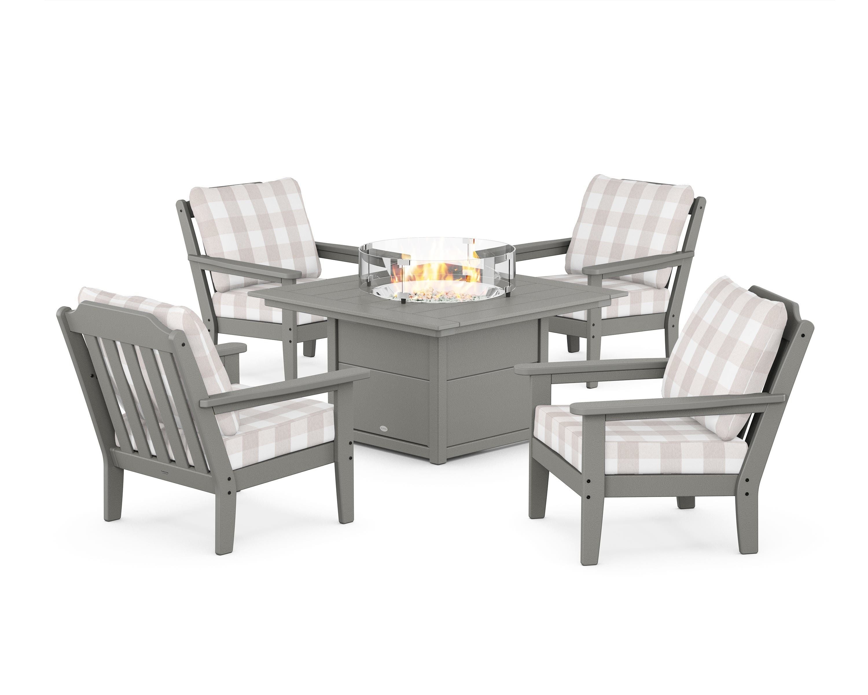 Country Living Cottage 5-Piece Deep Seating Set with Fire Pit Table in Slate Grey / Buffalo Plaid Dune Burlap
