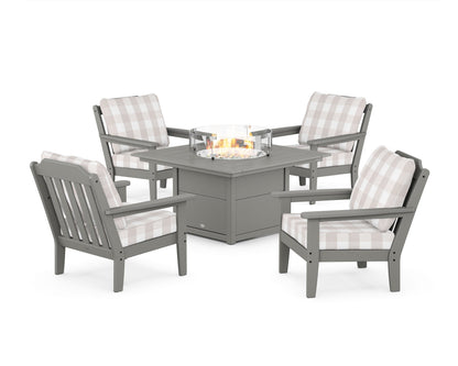 Country Living Cottage 5-Piece Deep Seating Set with Fire Pit Table in Slate Grey / Buffalo Plaid Dune Burlap