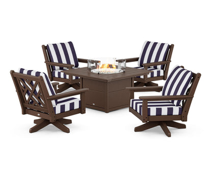 POLYWOOD® Chippendale 5-Piece Deep Seating Swivel Conversation Set with Fire Pit Table in Mahogany / Cabana Stripe Navy